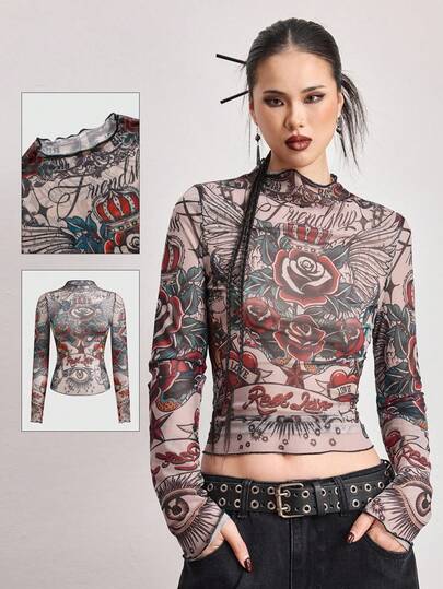 ROMWE Avant Spring/SummergraphicWomen's Y2K Millennium Vintage Rose Skull Tattoo Totem Mesh Allover Print Top