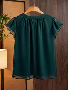 GlowEve CURVE Áo kiểu nữ cỡ lớn màu trơn dáng rộng cổ tròn tay bèo nhún, thanh lịch và đa năng, phù hợp mặc hàng ngày, đi làm, đi nghỉ mát, hẹn hò, phong cách vintage, mùa xuân/hè. - Màu xanh lá cây đậm - Xem 2