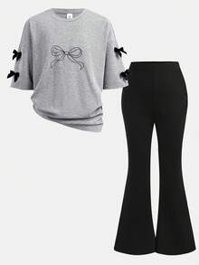 SHEIN 两件套少女休闲蝴蝶结T恤和喇叭裤套装，时尚舒适，适合日常穿着和外出活动。 - 灰色 - 查看 13