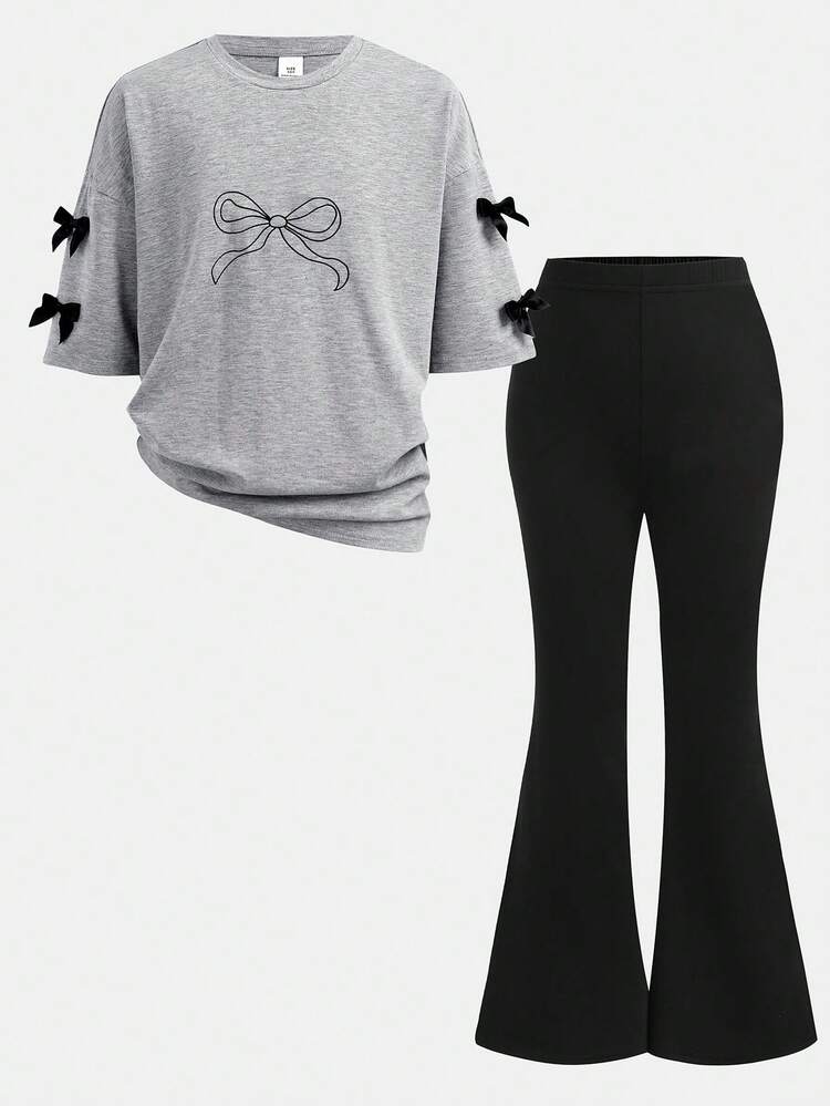 SHEIN 2pcs Tween Girls Casual Bow T-Shirt And Flare Pants Set, Fashionable And Comfortable Outfit For Daily Wear And Outings - Grey - View 13