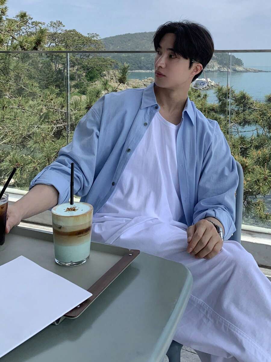 DAZY Men's Solid Blue Long Sleeve Casual Shirt, Spring - Blue - View 1