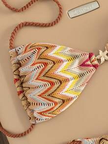 Swim Vcay 新款波西米亚风优雅女士两件式多色针织扎染特殊面料泳衣，活力红粉黄绿棕混色比基尼套装，挂脖三角上衣饰有金色星形装饰，高腰性感泳裤，彩虹色拼接沙滩装，吸睛时尚女性化泳装，夏季海滩度假，复古Y2K辣妹风泳装，适合泳池派对、音乐节、热带海岛度假及摩登风情。 - 彩色 - 查看 6