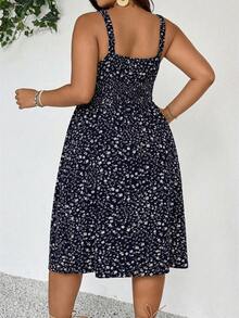 SHEIN Frenchy 大码甜心领碎花无袖休闲夏日连衣裙 - 藏蓝色 - 查看 5