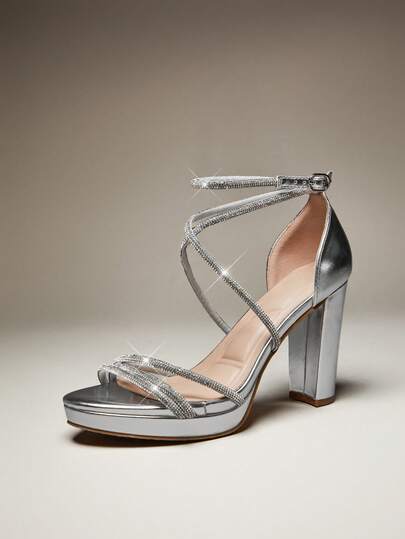 SHUZIA Women's Round Toe Chunky Heel Platform Crystal-Strap Metallic Silver Dress Sandals – Luxe Shine, Elegant Fit & Event-Perfect Style Valentine's Day