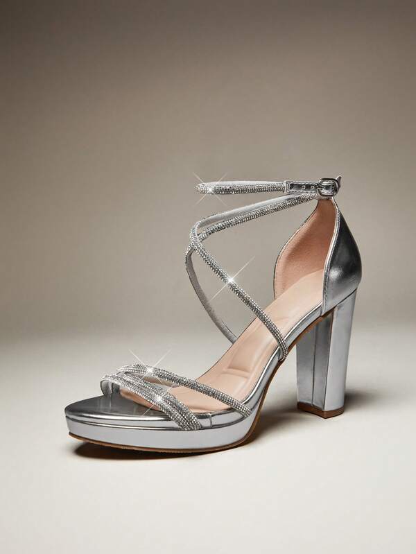 SHUZIA #LuxeGlam Women's Round Toe Chunky Heel Platform Crystal-Strap Metallic Silver Dress Sandals – Luxe Shine, Elegant Fit & Event-Perfect Style Valentine's Day