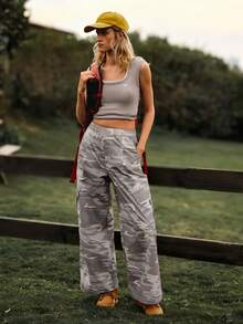 SHEIN Unity Women's Elastic Waist Loose Fit Multi-Pocket Camouflage Cargo Pants Women Cargos For Women Camouflage For Women Army Pants Parachute Pants For Women - Multicolor - View 5