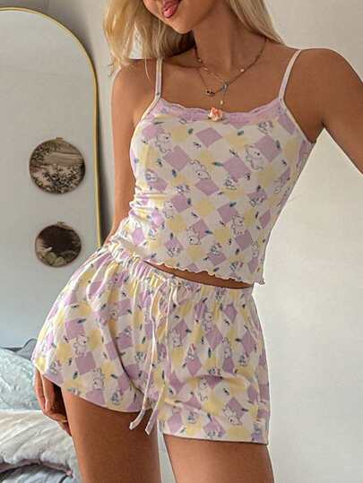 DAZY 女士夏季无袖格子碎花睡衣套装，含超短裤