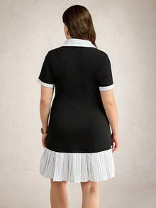 Zelara Plus Size Black And White Summer Elegant Office Back-To-School 2 In 1 Pleated Splice Pullover Collared Dress,Valentine's Day Cocktail Mod Beach Outfit - Black and White - View 5