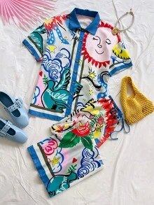 Soleia 女士彩色涂鸦印花抽绳裤，适合海滩、邮轮、城市、度假、约会、下午茶、音乐节、波西米亚风、海滩度假村、海岛度假村、海滩假期、音乐节等场合，四季皆宜，日常通勤也适用。 - 彩色 - 查看 8