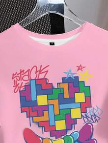 Tetris™ X SHEIN Women's Colorful Graphic Print Crew Neck Short Sleeve Casual T-Shirt, Versatile For Summer - White - View 3