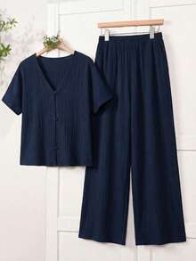 EMERY ROSE Women's Vacation Casual Solid Color Shirt And Pants 2 Pieces Set Navy Blue Set Pant Suit Summer Sets Linen Two Piece Set Casual Jumpsuit Navy Blue Jumpsuit Women's Summer Set Casual Sets For Women Casual Women Outfits Summer Outfits Vacation - Navy Blue - View 7