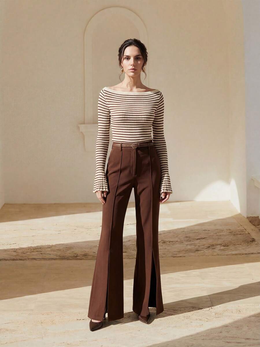 Anewsta Women's Flared Pants With Slit Design, Elegant And Versatile Long Trousers - Coffee Brown - View 1