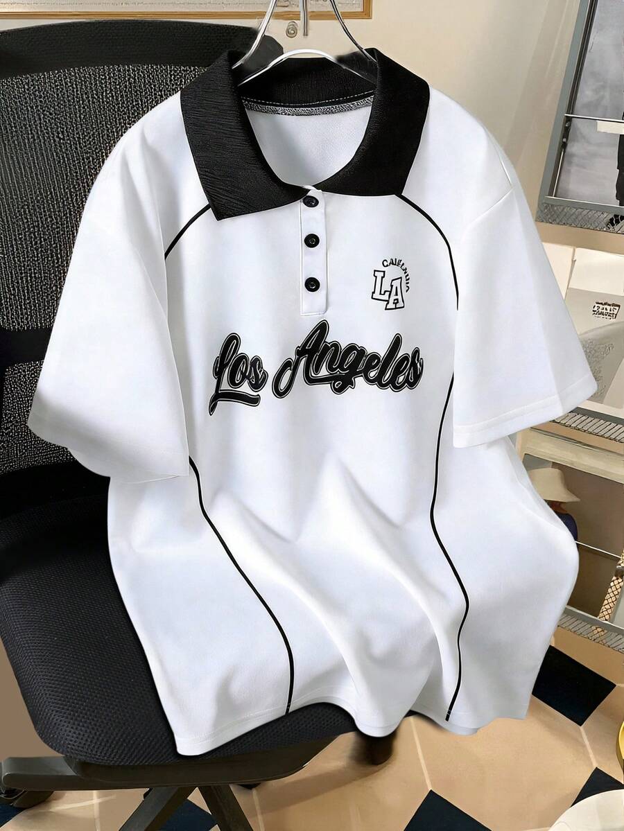 青少年男童Polo衫,字母印花短袖休闲通勤Polo衫,印有“洛杉矶”字样,适合日常休闲穿着、返校季和学院风。 - 彩色 - 查看 1