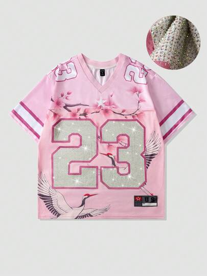 ROMWE MEN Prep Spring/Summer Casual Graphic Pink Men'S Rhinestone Embellished Short Sleeve Sports T-Shirt, Mesh Fabric Patchwork