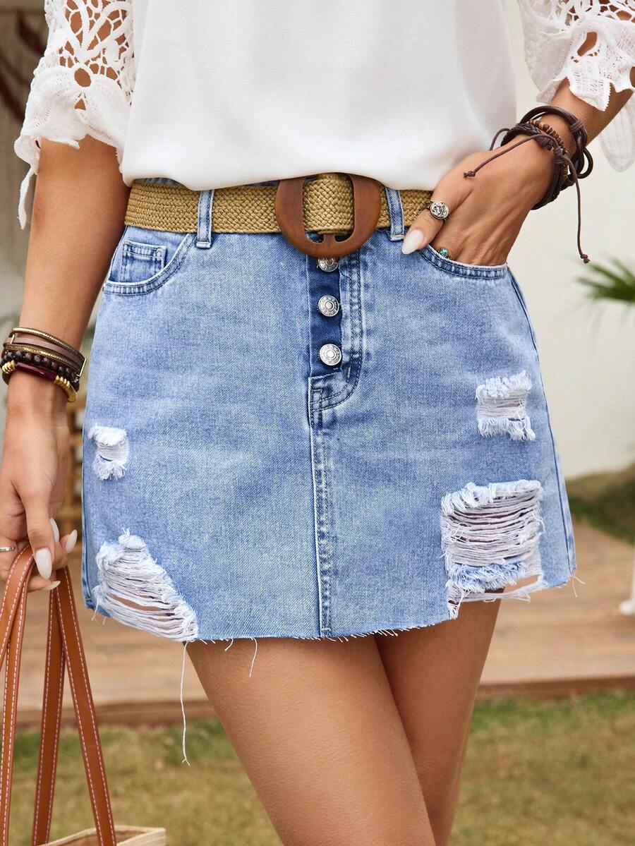 EMERY ROSE Women's Fashion Distressed Pocket Denim Mini Skirt - Light Wash - View 1