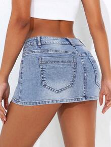 Flirla Jupe en jean mini élastique sexy et moulante de style cowgirl Y2K, printemps pour femmes grande taille - Jean clair - Voir 2