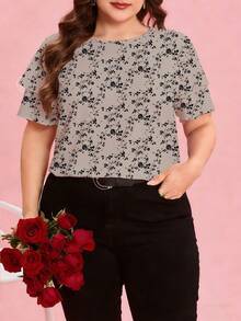 Reflora Plus Size Ditsy Floral Round Neck Short Sleeve Casual Elegant Summer Blouse - Multicolor - View 4