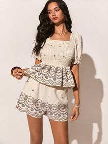 Poéselle 2pcs Woven Floral Hem Puff Sleeve Women Set,Summer Music Festival Outfits,Holiday Date Outfits,Boho Inspired Printed Vacation Two-Piece Set - Khaki - View 5