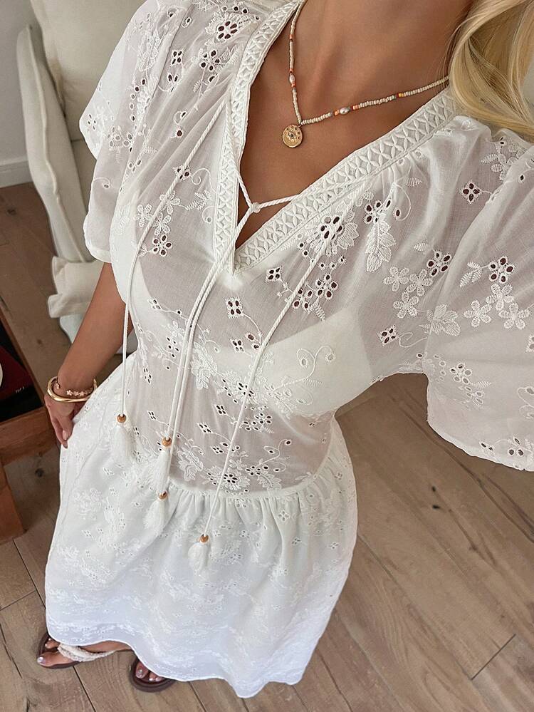 Women's Casual Vacation Solid Color Hollow Embroidery Dress Maxi Dress Sundress Boho