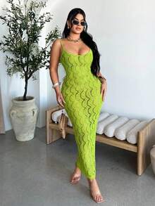 SHEIN SXY Women's Solid Color Hollow Out Bodycon Slip Dress ,Summer Neon Green Sets Woman Lime Women - Green - View 3