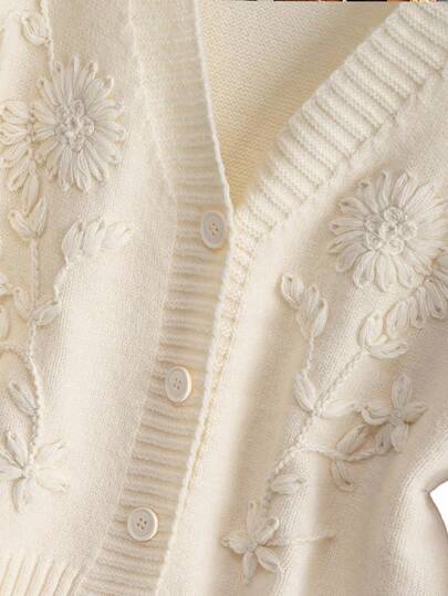 GlowEve CURVE Elegante chaqueta de punto de mujer de talla grande con cuello en V, manga larga y ajuste holgado, bordado estilo francés, para otoño/invierno