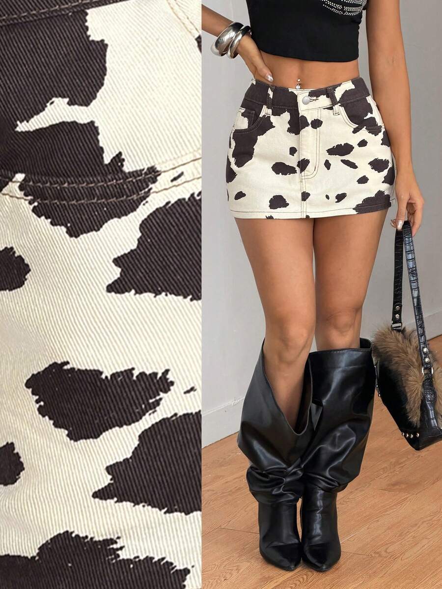 SHEIN PETITE 夏季娇小款女士休闲牛仔裙，性感度假风奶牛印花修身牛仔裙，全身印花，斜插口袋 - 黑與白 - 查看 1