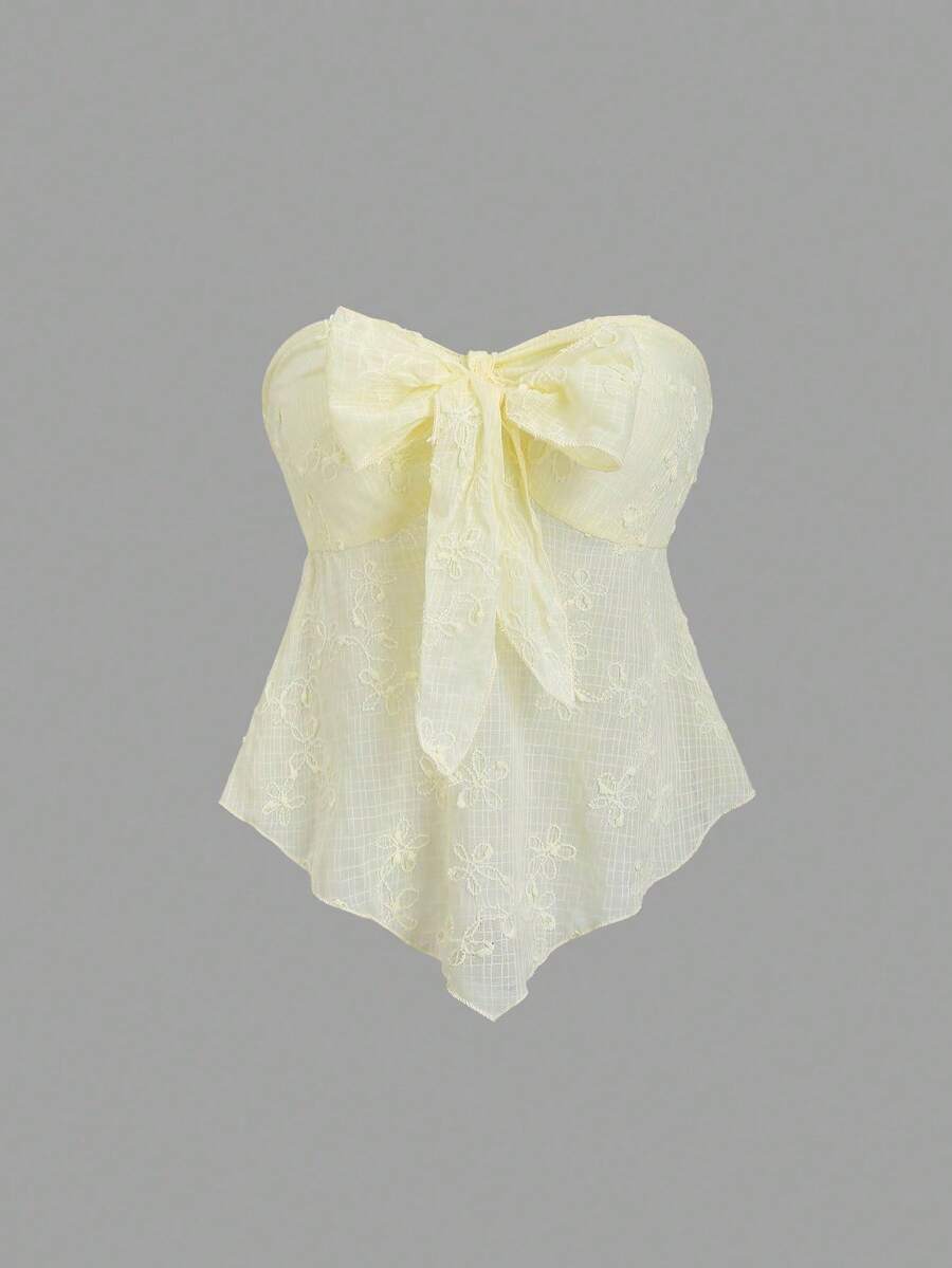 Sweetra Áo quây không dây, chất liệu vải dệt họa tiết, thắt nút phía trước, phong cách Y2K - Màu vàng - Xem 1