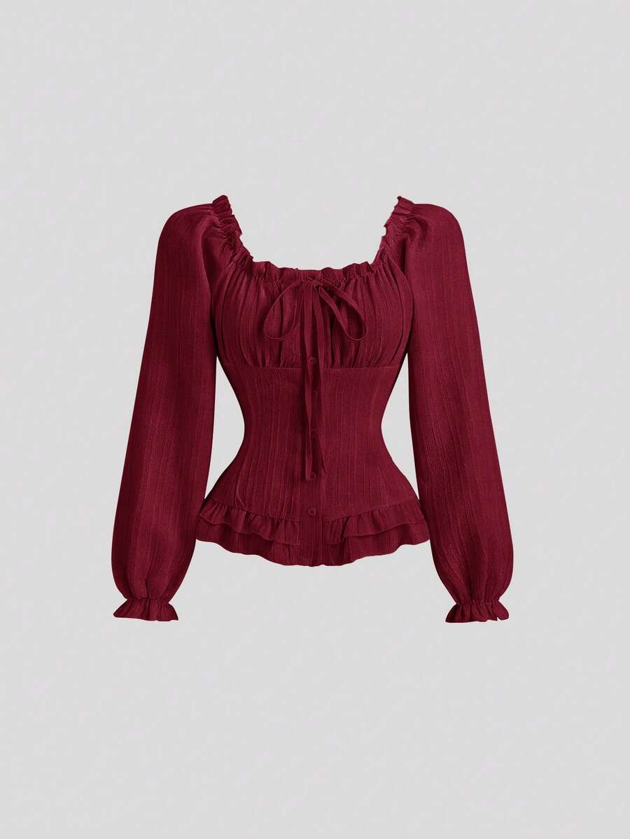 Sweetra Áo sơ mi nữ tay dài màu trắng họa tiết gạch, cổ bẻ, eo thon, tay bồng, buộc dây. - Đỏ - Xem 1