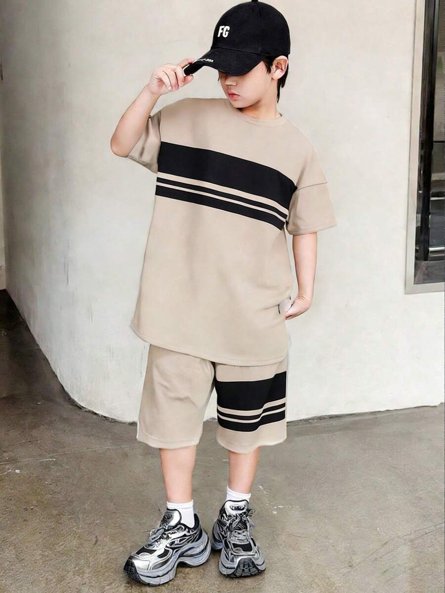 SHEIN 2pcs Tween Boy Casual Printed Fabric Round Neck Short Sleeve Shorts Set, Suitable For Commuting, School, Daily Casual Wear, Sports, Spring/Summer - Beige - View 1