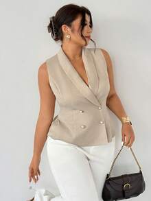 Firerie Plus Size Summer Casual/Office Solid Color Double-Breasted Vest Fall/Winter - Apricot - View 1