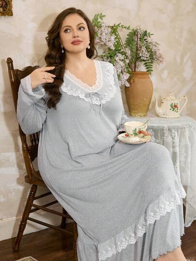 Côtesoire Plus Size Women's Light Gray Deep V-Neck Flare Sleeve Multi-Layer Lace Trim Ruffle Hem Milk Silk Dress, French Style Loungewear & Outerwear, Winter, Moo Moo Night Dress