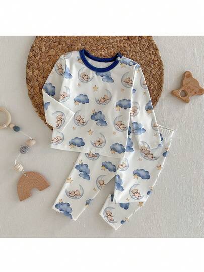 Loomiva Newborn Baby Boy/Girl Cartoon Bear, Moon & Cloud Pattern Knit Soft Crew Neck Long Sleeve Top And Elastic Waist Pants 2-Piece Set