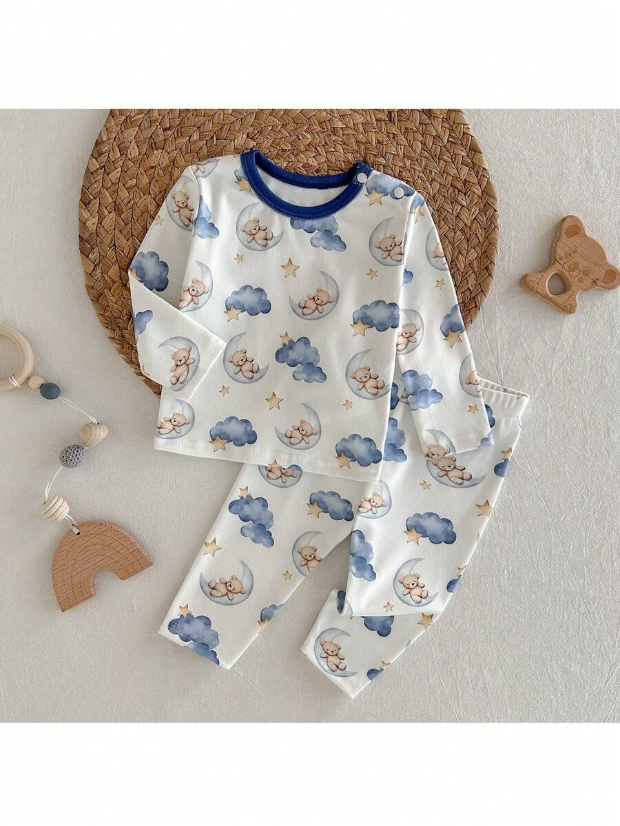 Loomiva 新生儿男女宝宝卡通熊、月亮和云朵图案针织柔软圆领长袖上衣和松紧腰裤两件套 - 彩色 - 查看 1
