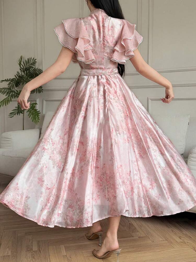 Women's Elegant Floral Lace Patchwork Stand Collar Belted Ruffle Sleeve Midi Dress, Summer,Wedding Guest Dress Women Sundress