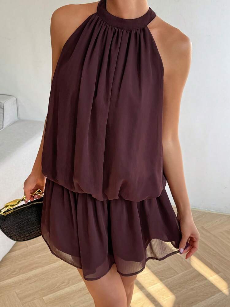 Women's Elegant Solid Color Halter Sleeveless Mini Dress, Summer,Wedding Guest Dress Women Sundress