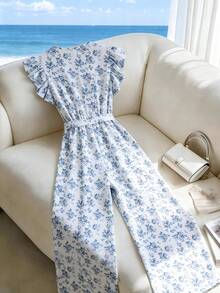 GlowEve 女士优雅休闲碎花圆领短袖收腰阔腿连体裤，春夏款 - 藍白色 - 查看 3