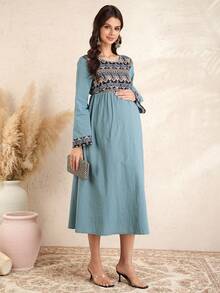 Momance 孕妇长袖圆领A字连衣裙，数码印花连衣裙 - 薄荷綠 - 查看 3