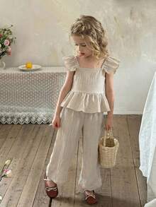 LMoss Kids 2pcs Young Girl Set: Woven Collared Ruffle Trim Blouse And Woven Loose Fit Pants - Apricot - View 2