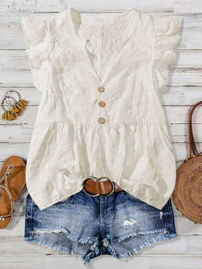 EMERY ROSE Chemise casual jacquard à volants à l'ourlet pour femmes, couleur unie, manches courtes, élégante pour les vacances d'été