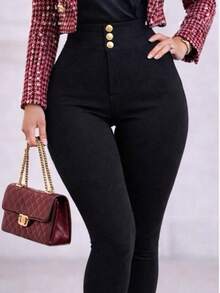 Maritza - Yellow Rib Pants With Gold Buttons - Black - View 6