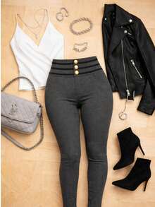 Maritza - Pantalón costillero skinny con botones dorados - Gris - Ver 3