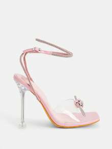 Glitzique Women's Pink Rhinestone Embellished Bow Knot High Heeled Sandals With Strappy And Buckle, Peep-Toe, Great For Summer And Fall Parties Valentines - Pink - View 12