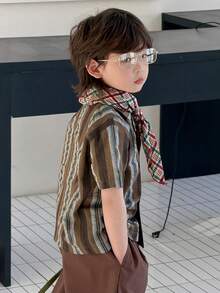 DAZY 男童条纹印花纽扣短袖休闲衬衫 - 棕色 - 查看 8