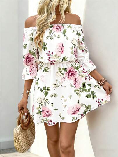 Breezaya Off-Shoulder Printed Dress With Waist Belt Vacation Beach Outfits Women Floral Two Piece Set White Floral Dress Women Women Vacation Dress Off Shoulder Summer Dress Off Shoulder Dresses For Woman White Floral Summer Dress