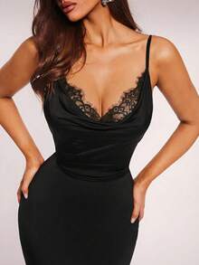 Radiana Váy đuôi cá cổ khoét sâu, viền ren đen thanh lịch và gợi cảm dành cho nữ, dáng ôm sát, vải co giãn bóng, thích hợp cho ngày lễ tình nhân, đi chơi đêm, hẹn hò, tiệc cocktail, câu lạc bộ, dạ tiệc, khách dự tiệc cưới, phù dâu - màu đen - Xem 2