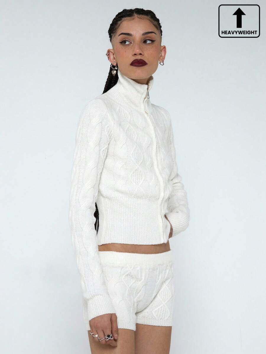 COUREZ Y2K秋冬白色拉链高领针织开衫，适合外出、圣诞节和新年穿着。 - 白色 - 查看 1