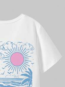 SHEIN ChillGRL 2件套少女沙滩波浪印花休闲舒适圆领白色短袖T恤和黑色紧身短裤套装，时尚图案T恤和短裤，适合所有季节，日常穿着，户外活动 - 白色 - 查看 4