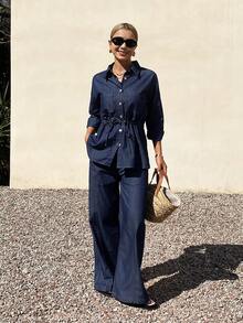 DAZY Women's Collared Waist Drawstring Denim Shirt And Loose Straight Leg Jeans Casual Denim Suit - Dark Wash - View 6