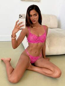 Aloruh 2pcs Leaf Embroidery Sheer Mesh Underwire Lingerie Set - Hot Pink - View 4