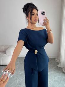 Elenzga 优雅都市时尚新款女士春夏藏蓝色不对称单肩金属扣腰阔腿裤，适合日常穿着、婚礼、晚宴、通勤、毕业派对、节日、约会、聚会、万圣节、圣诞节、新年、感恩节、婚礼女士两件套 - 藏蓝色 - 查看 8